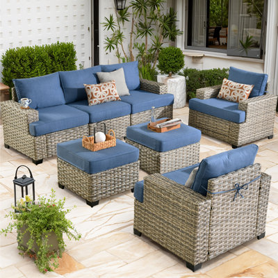 7 - Person Patio Furniture Set with Chairs, Outdoor Wicker Rattan Sectional Seating Group with Cushions, All Weather Sofa Conversation Set with Ottomans for Garden Backyard