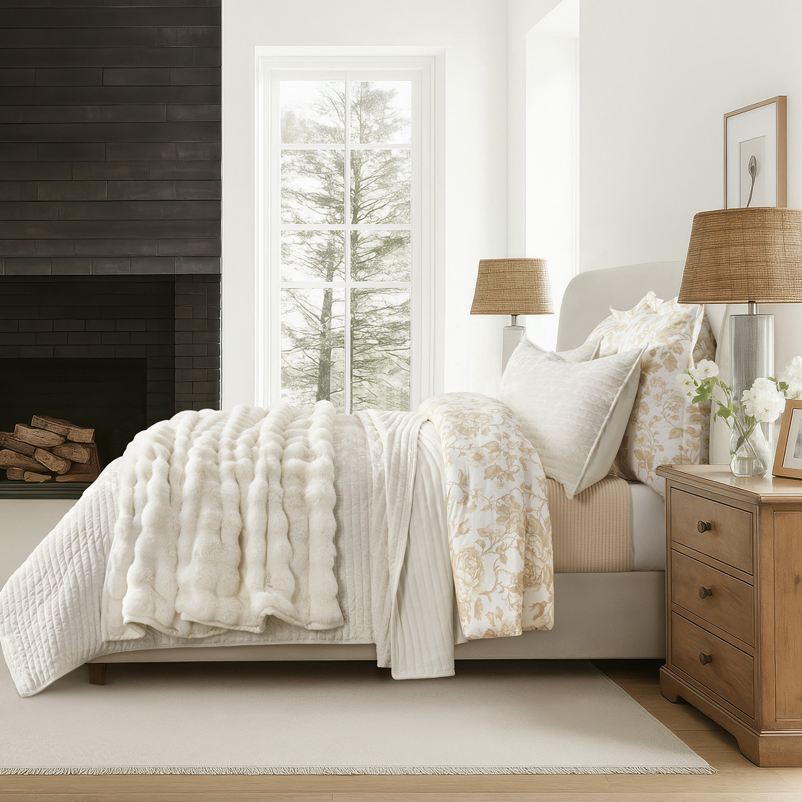 Luxe Velvet Channel Quilt Set, Ivory White, California King