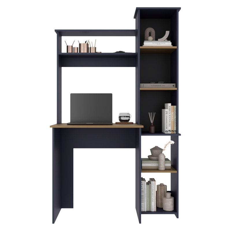 Bureau d'écriture Versalles, bureau de studio ou de bureau moderne, deux tablettes supérieures et cinq tablettes ouvertes latérales pour l'organisation de livres