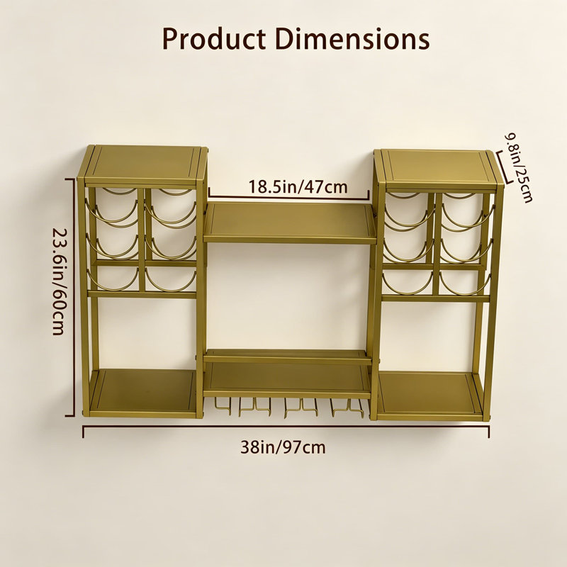 Wall Mounted Wine Rack With Glass Holders, Tiered Floating Bar Shelf For Home, Sturdy Metal Hanging Liquor Storage And Display Unit
