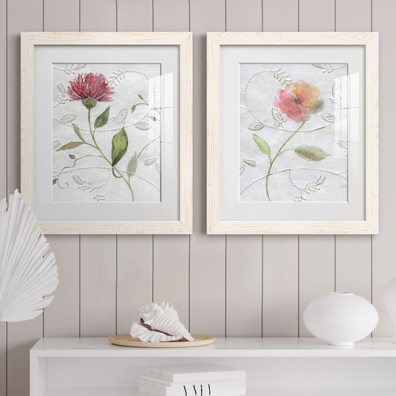 Broderie botanique I - ensemble de 2 impressions, H 20 po x l 17 po x P 1 po, Papier encadré blanc, Blanc