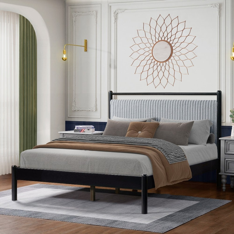 Structure de lit double en bois - aucun sommier requis, support solide, cadre gris et noir