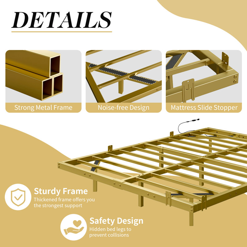 Floating Bed Frame With Led Light, Gold, Full