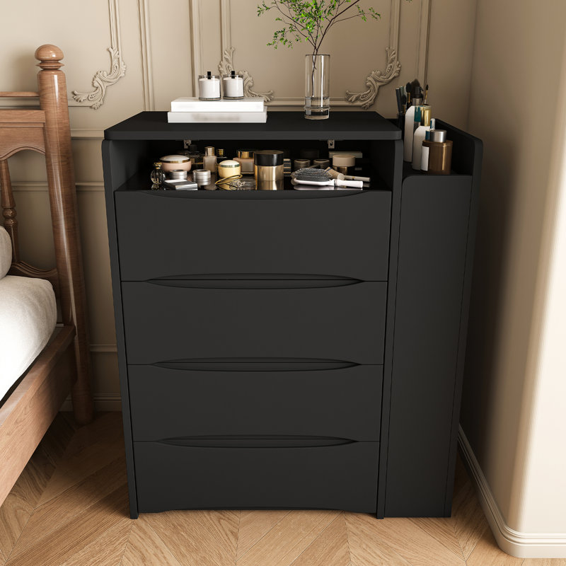 Coiffeuse moderne noire à plateau rabattable avec miroir lumineux, tiroir de rangement, plateau latéral coulissant et tabouret rembourré - Meuble de chambre multifonctionnel