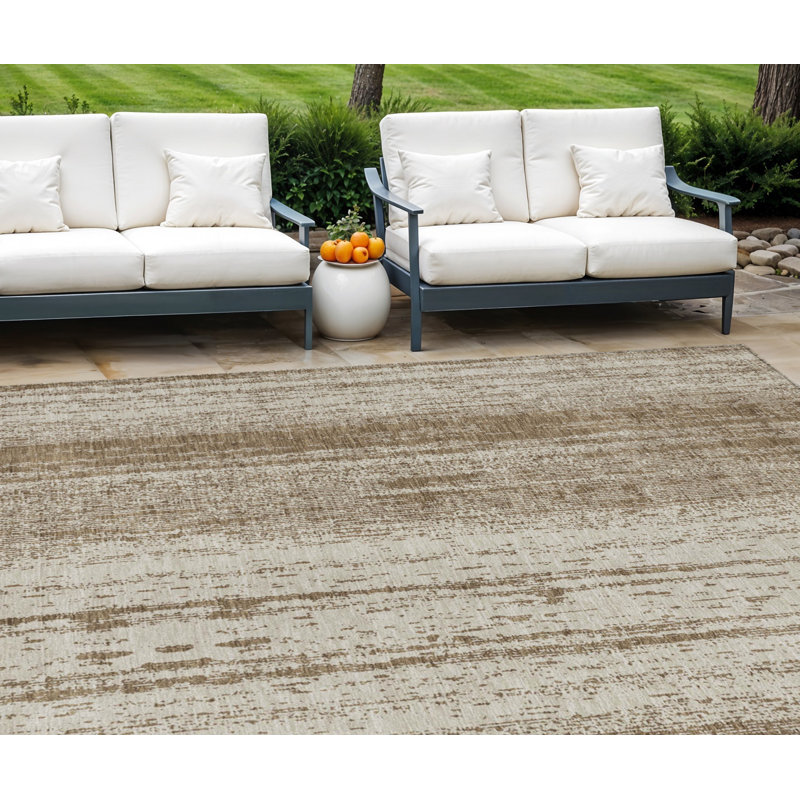 8' X 10' Brown And Ivory Striped Washable Indoor Outdoor Area Rug, Rectangle 8' x 10'
