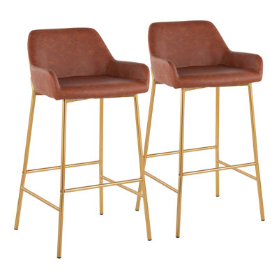 Tabouret de bar à hauteur fixe contemporain / glam en métal doré et similicuir brun clair - ensemble de 2
