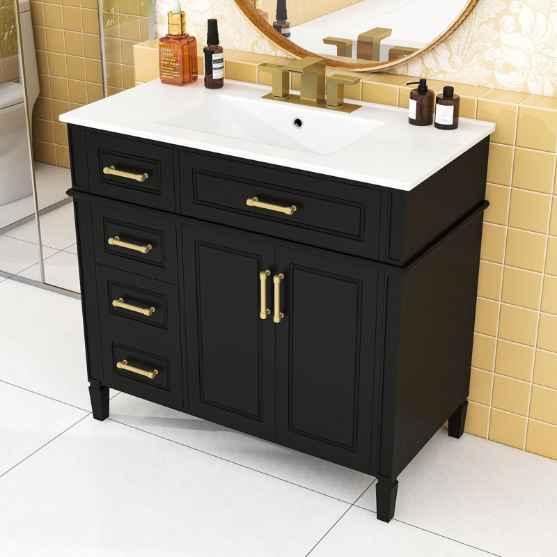 Meuble-lavabo avec 4 tiroirs (1 rabattable), 2 portes et tablette réglable, Noir