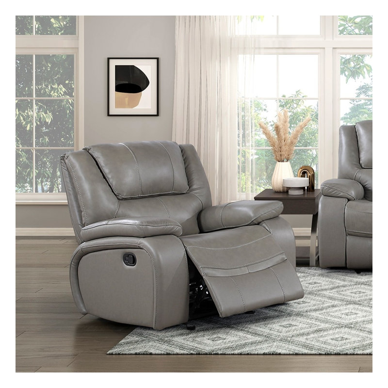 Fauteuil inclinable gris oscillant en cuir gris avec cadre en bois massif et siège à ressorts ensachés