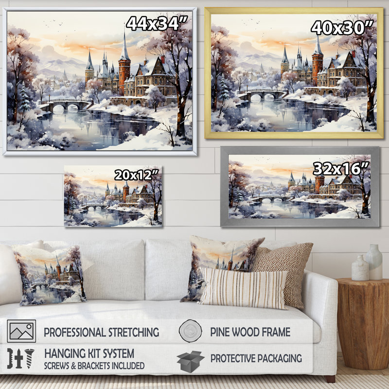 «Europe Village Winter Landscape», art mural paysage d'hiver, Cadre flottant noir, H 12 po x l 20 po x P 1 po