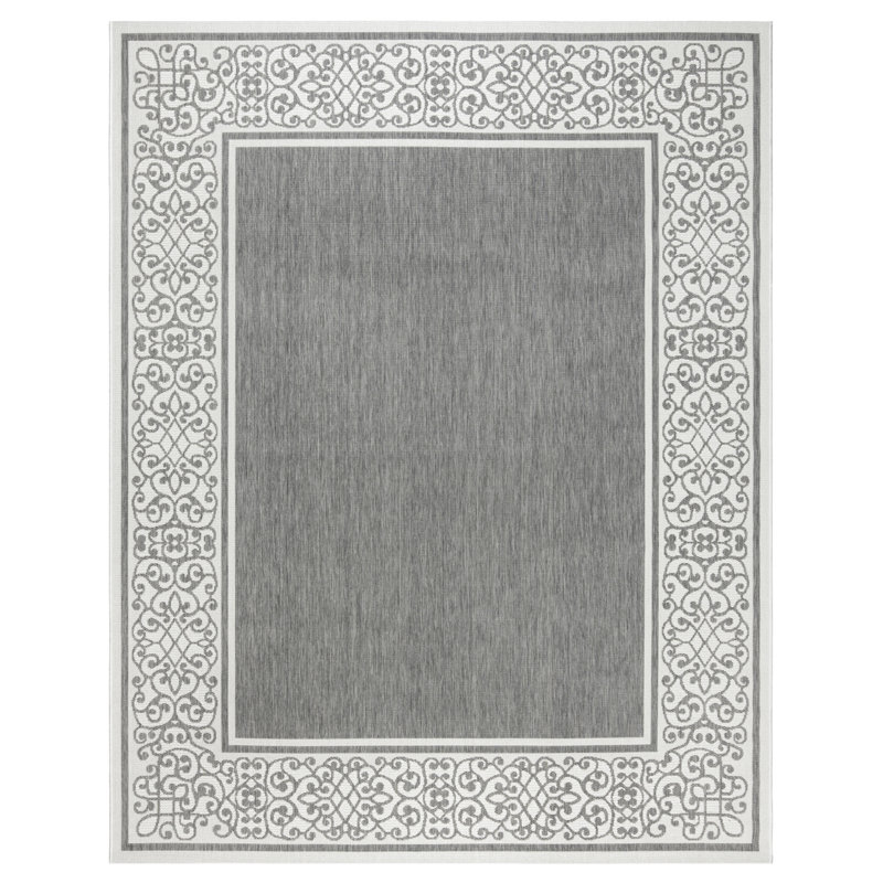 Solterra Portico Charcoal Gray Cream Ivory Transitional Wide Scrolled Border Flatweave Polypropylene Indoor/ Outdoor Area Rug