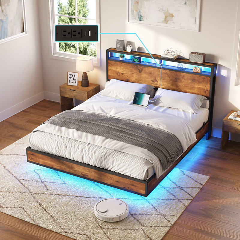 Tryston Floating Bed Frame With Led Lights, Industrial Platform Bed With Charging Station, Queen, Rustic Brown