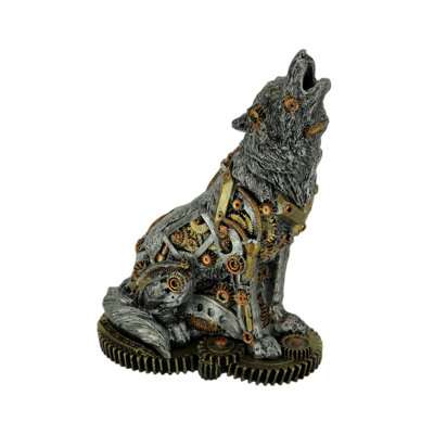 Statue industrielle de table de loup cyboré industriel en résine Steampunk avec base en argent, or et cuivre - H 7,5 po x L 5,5 po x l 3,5 po