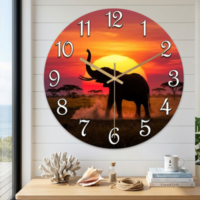 Landscape & Nature Elephant Silhouette Sunset African Landscape Clock Face Design Ultra Clear Glass
