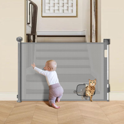 Barrière de bébé rétractable à verrouillage automatique avec allée pour chat