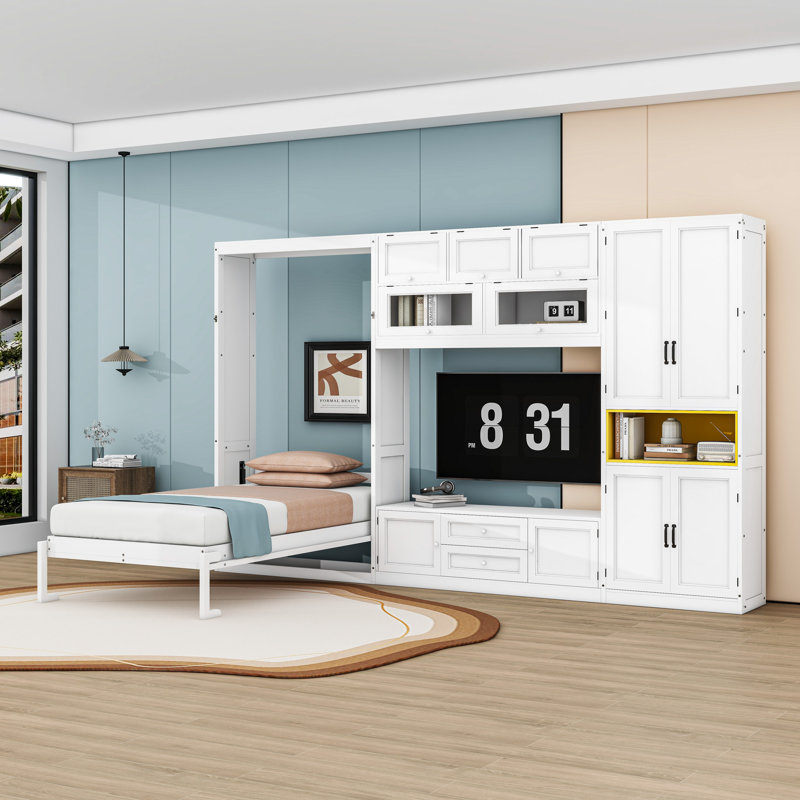 Lit escamotable simple en bois 2 tiroirs avec meuble télé, tablettes et armoire, Blanc