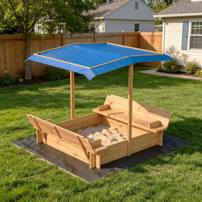Wood Sandbox with Cover, Sand Box with Bench Seats for Aged 3-8 Years Old, Sand Boxes for Backyard Garden, Sand Pit for Beach Patio Outdoor