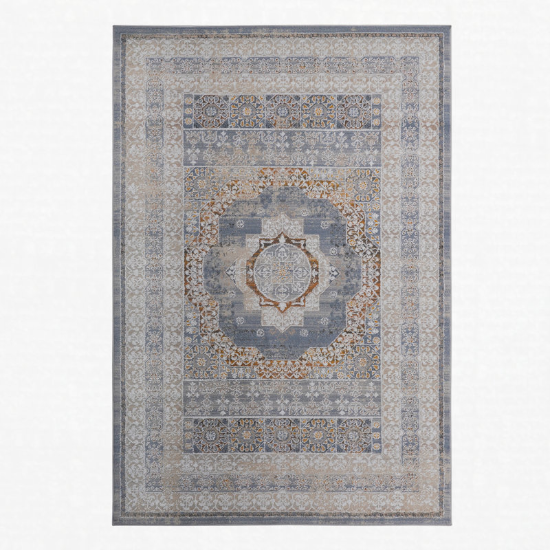 Area Rug Synthetic Fiber Stain Resistant Non-Shedding Medallion Blue Ivory Medium Pile 8' x 10', Blue, Rectangle 7'9" x 10'