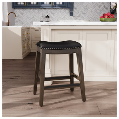 Tabouret de bar 24 po à hauteur de comptoir avec finition gris patiné et siège en cuir noir - Tabouret de bar de cuisine confortable pour la salle à manger
