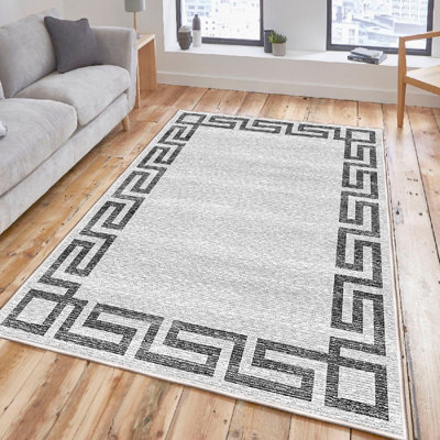 Stylish Cotton Area Rug (5.2 x 7.5 Feet), Cream & Grey/Black | 100% Cotton, 1200 GSM, 0.4 in Pile Height | Antibacterial, Non-Slip PVC Underside, Machine Washable | Perfect for Living Room, Bedroom & Dining Areas