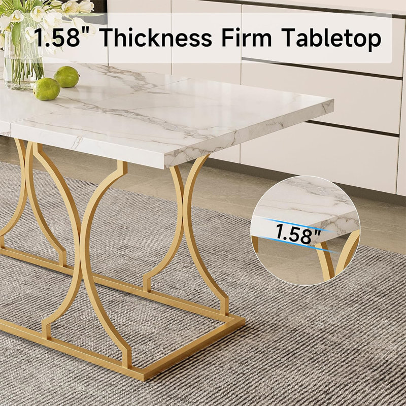 71 Inch Rectangular Dining , Modern White Kitchen Table Dining Room Table, Rectangle White Dinner Table With Gold Metel Frame.
