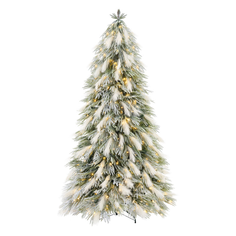 Arbres de Noël illuminés enneigé avec lumières chaudes et bouts de branches pleine neige, disponibles en tailles de 4,5 à 7,5 pi