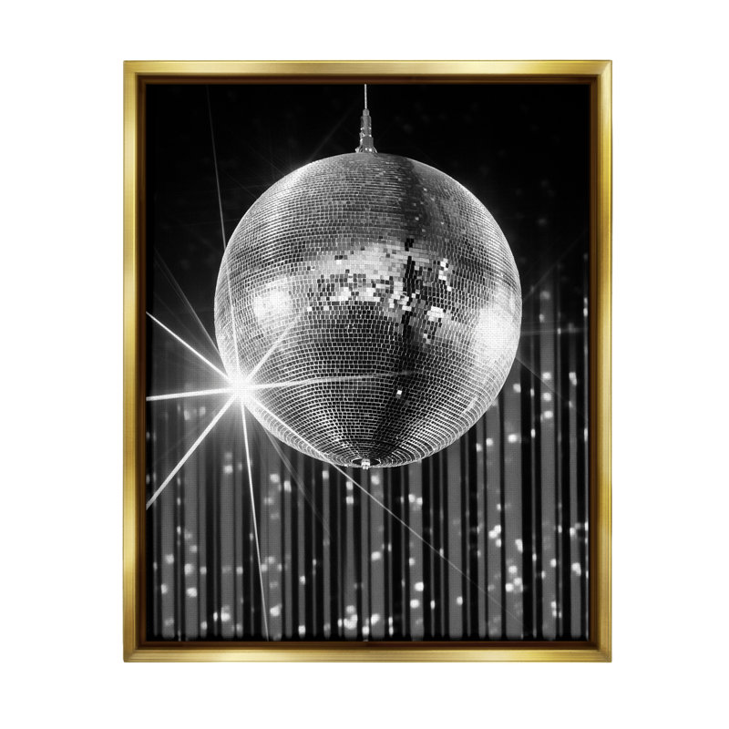 Boule disco noire par Jesse Keith, Cadre flottant métallique doré, H 21 po x l 17 po x P 1,7 po