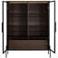 Vitrine lumineuse à DEL avec porte en verre trempé, style minimaliste moderne pour le salon, le bureau et le bureau. 4 tablettes réglables, 2 tiroirs de rangement, pieds en métal, noir et noyer foncé.-960742903
