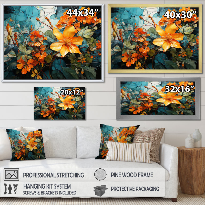 «Makhach Orange Blue Tropical Tangle IV», reproduction sur toile, Cadre simple noir, H 30 po x l 40 po x P 1,5 po