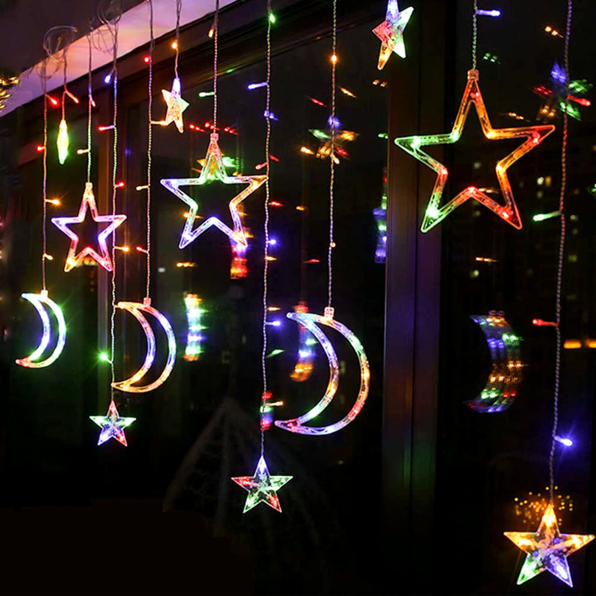 Moon and Star Window LED Icicle Lights, Blue/Yellow/Red