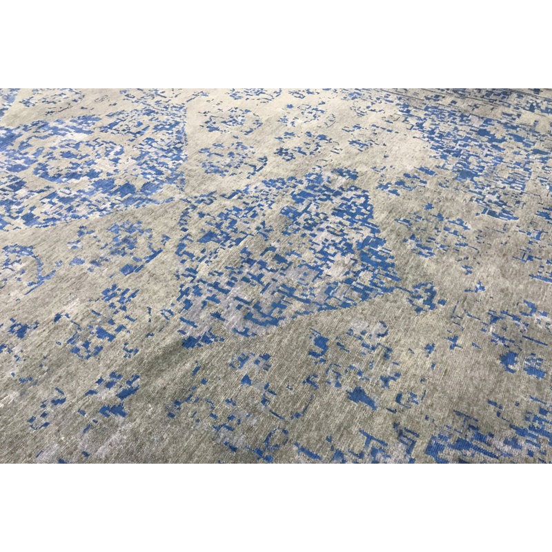 Tapis unique de couleur bleue 10 pi 2 po x 13 pi 11 po à la main  select noué à la main Windsom, 10 pi 2 po x 13 pi 11 po