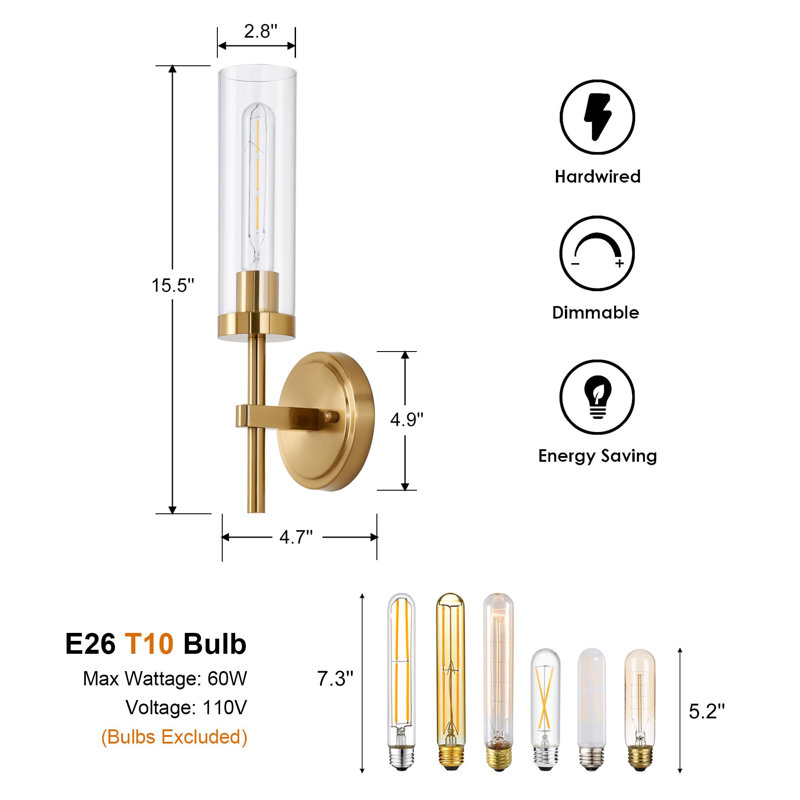 Hardwired Gold Wall Sconces Set of 2, Modern Bathroom Sconces Wall Lighting Vanity Light Fixtures with Clear Glass, Brushed Brass Wall Decor Lights for Mirror Living Room Bedroom Hallway Stairwell