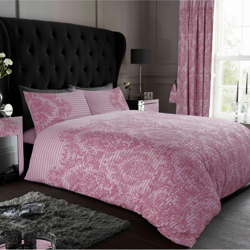 Damask Pattern Duvet Cover Set with Matching Pillowcases - Polycotton Bedding Set - Washable, Super King, Blush Pink