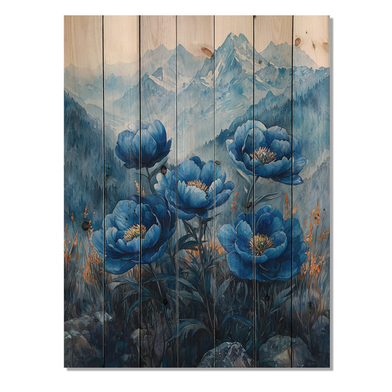 Pivoines bleues sur des sommets II - Art mural en bois pivoines - sur bois de pin naturel, H 44 po x l 34 po x P 0,78 po