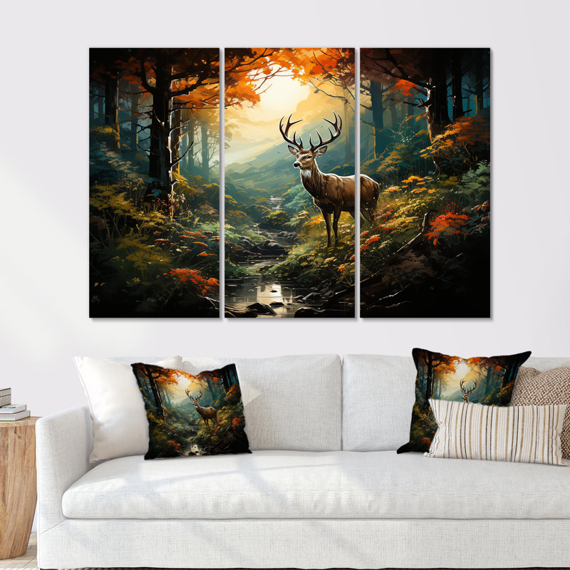 Vert et brun, cerf dans la forêt, art mural animal, H 40 po x l 60 po, Toile tendue