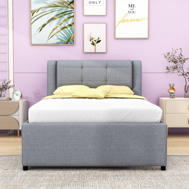 Lit plateforme double en lin avec lit gigogne multifonctionnel, Gris