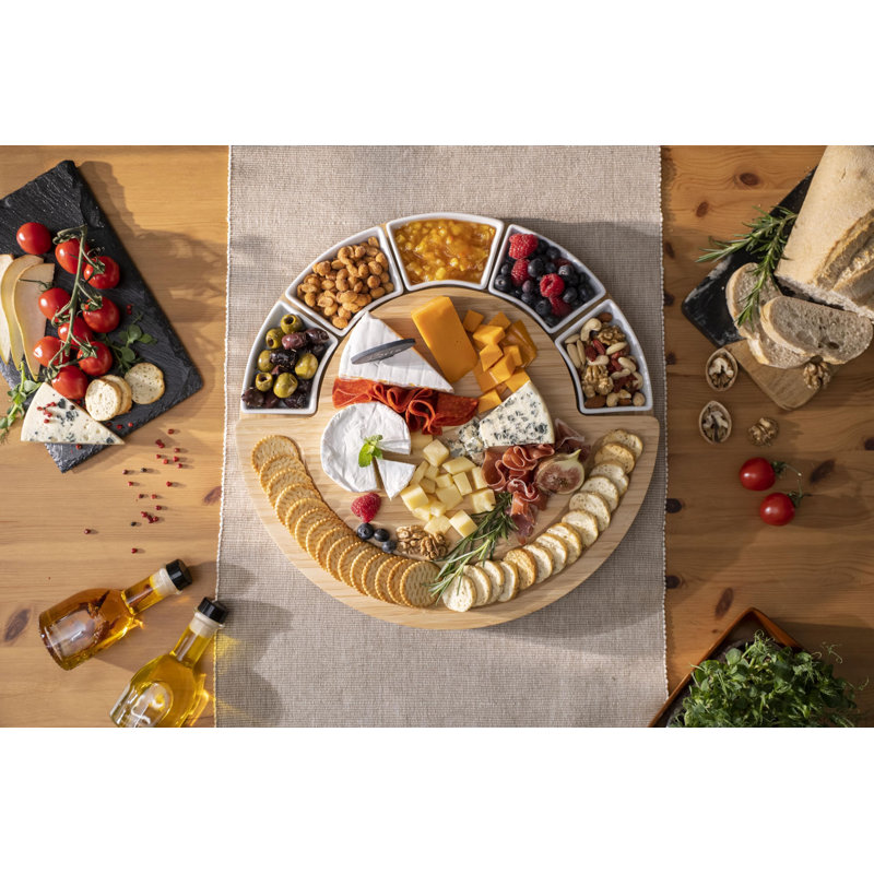 Ensemble de planches à fromage et de plateaux - fabriqué en bois de bambou - planche à découper et couteau à fromage de 16 pouces pour recevoir et servir - 4 couteaux - 5 bols - 2 marqueurs de fromage - 4 fourchettes