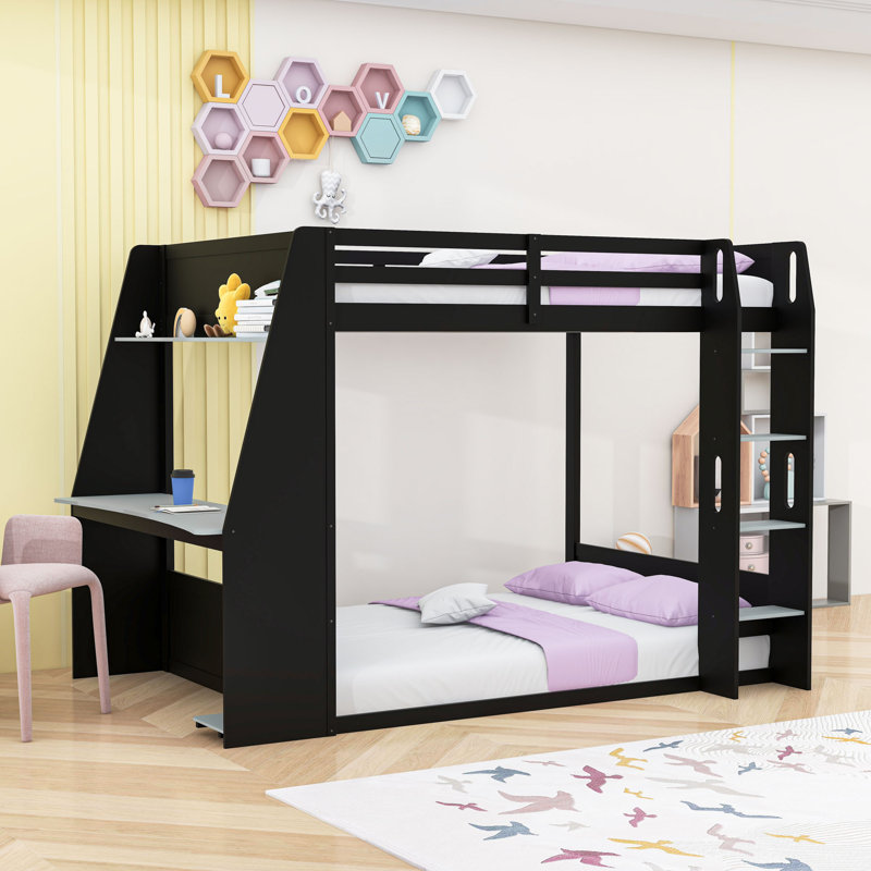 Lit superposé en bois avec bureau intégré, port USB, lumières DEL et tablettes de rangement, Double sur double, Black Grey