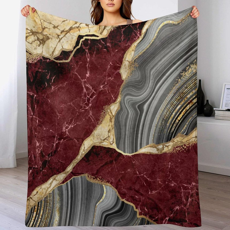 Jeté en marbre rouge, couverture d'art de luxe en marbre doré pour canapé-lit, fauteuil ou dortoir, 80 po x 60 po, Red Marble