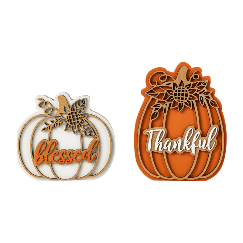 2-Piece 8"H Thanksgiving Wooden Pumpkin Table Decor