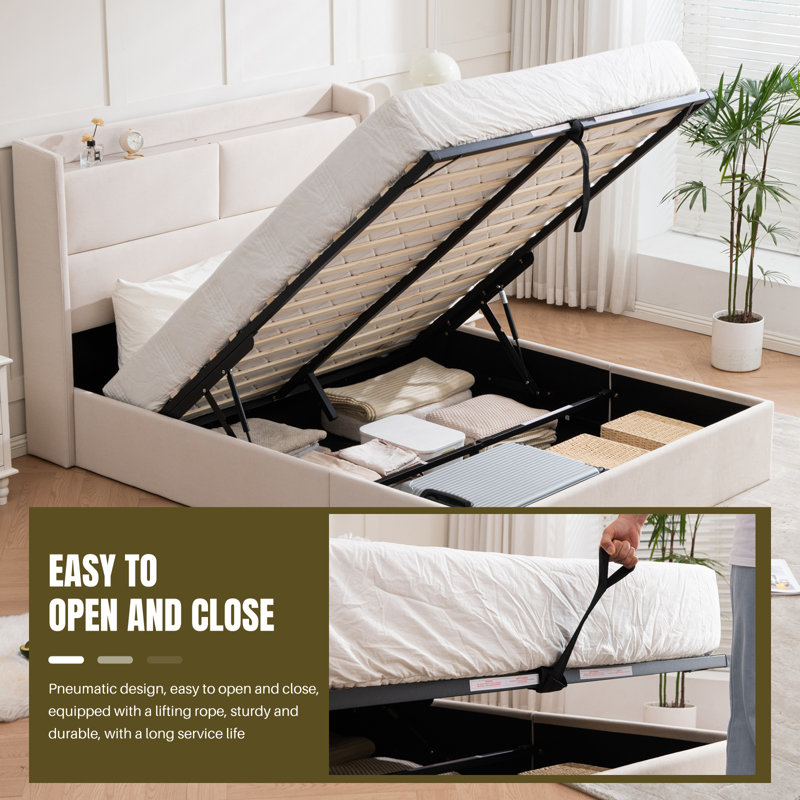 Upholstered Platform Bed with Hydraulic Lift, Queen, Beige