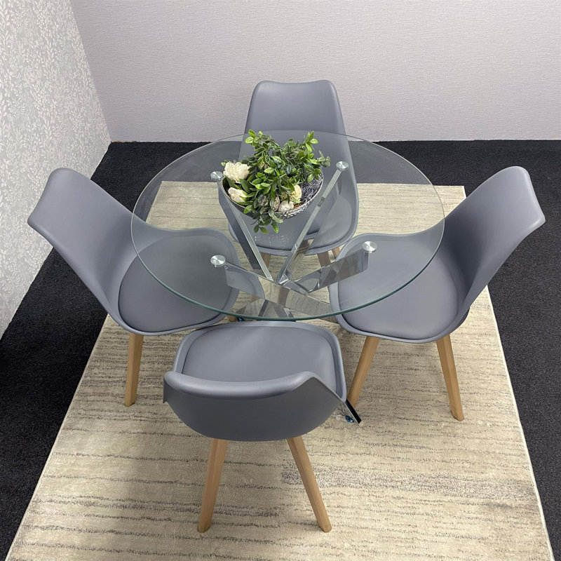 Round Glass Dining Table with Velvet Chairs - Dining Kitchen Room Furniture, Grey