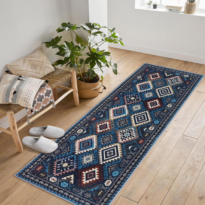 Area Rug Machine Washable Non-Slip Low Pile Geometric Print Pattern Western Easy-Cleaning Rug for Living Room Bedroom Nursery Entryway