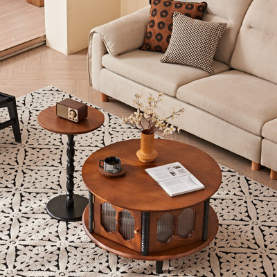 Table basse ronde avec porte en verre et rangement, placage de noyer, 31,5 po de diamètre