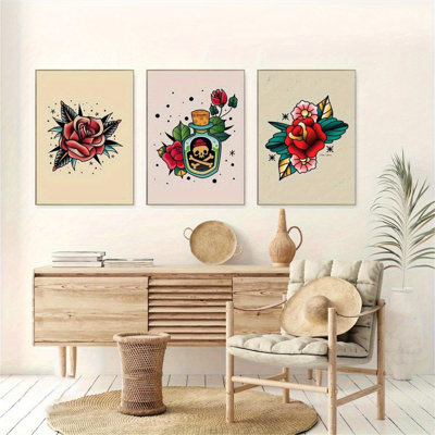 3Pcs Framed Floral Tattoo Style Canvas Wall Art