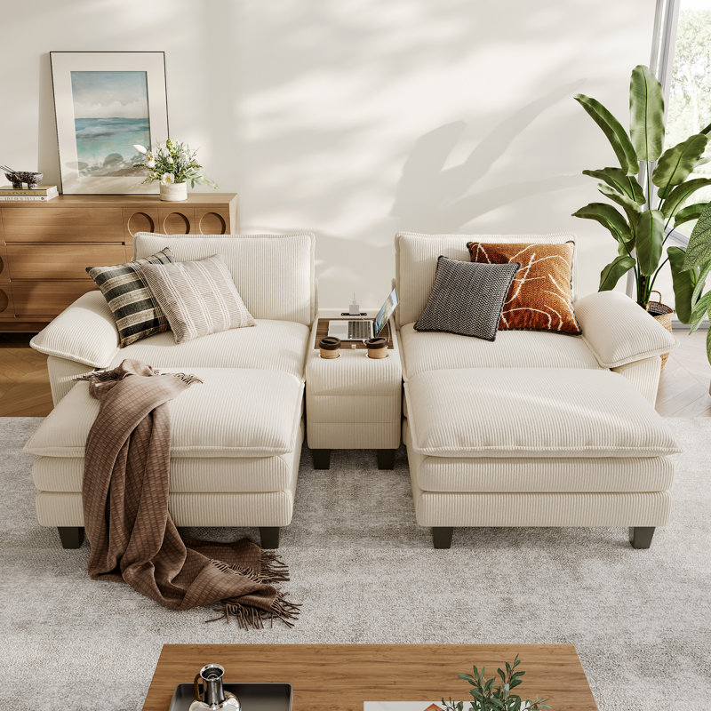  Canapé-lit modulaire 105 "avec console et deux Otomans Colbey, Beige