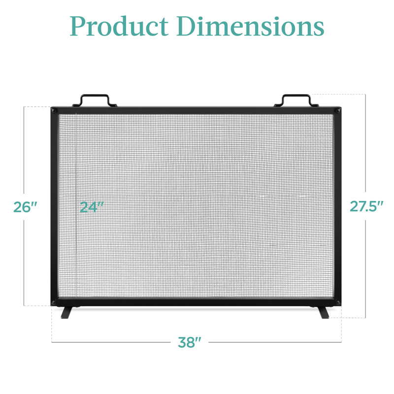 Cassiano 38x27in Single Panel Fireplace Screen Handcrafted Steel Mesh Spark Guard w/ Handles, Black