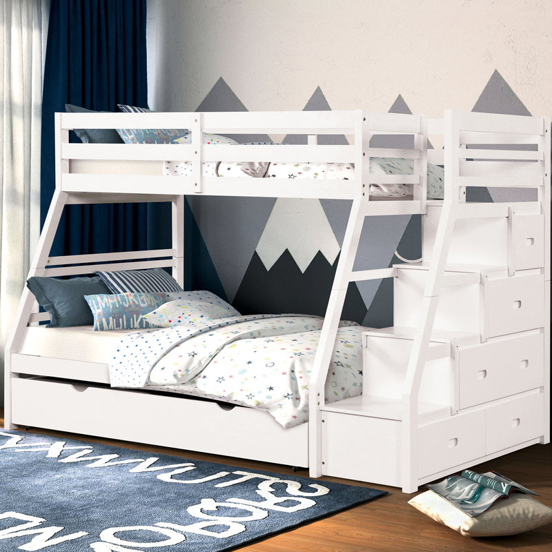 Twin Over Full Bunk Bed White Transitional Rails Lock Joint Built-In Drawers Steps Slat Kit Trundle Finish Design