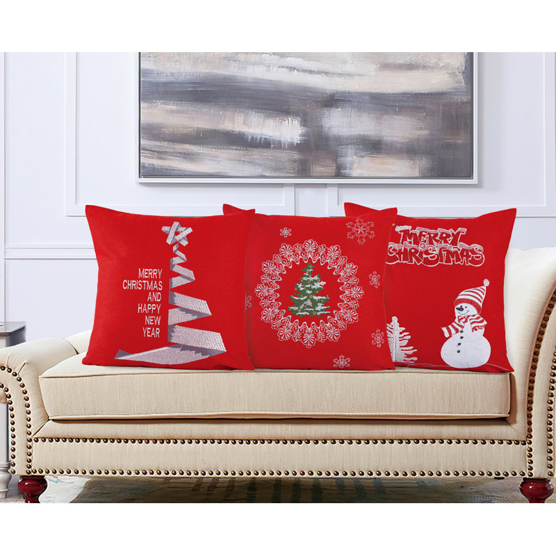Violet Linen Seasonal Xmas Christmas Holiday Glaze Solid Red Pattern, Polyester Burlap Fabric, Applique Embroidered, Emblem , 18 Inch x 18 Inch, Square, Decorative Accent Throw Pillow