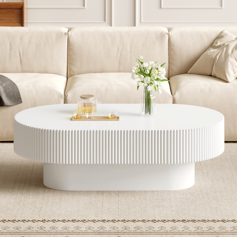 43.3"W Elegant Oval Coffee Table with 6.8"Thick Tabletop, White 43.3"W Elegant Oval Coffee Table