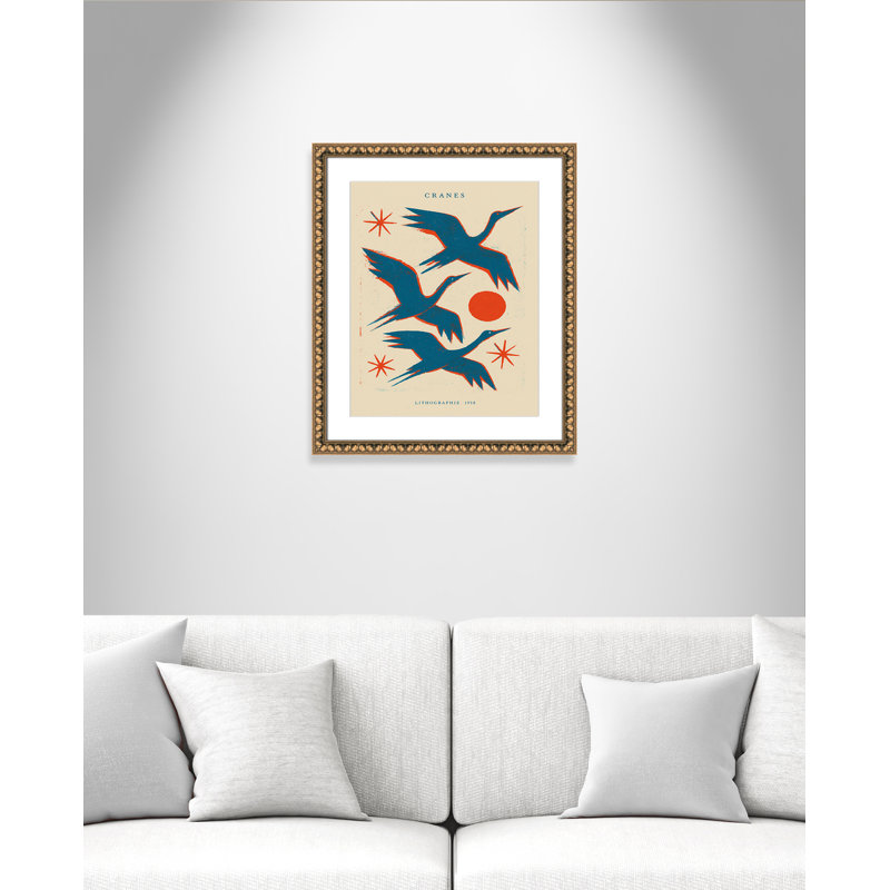 «Cranes» par Treechild, L 22,5 po x H 26,5 po, Matted Print, Gold Leaf Beads
